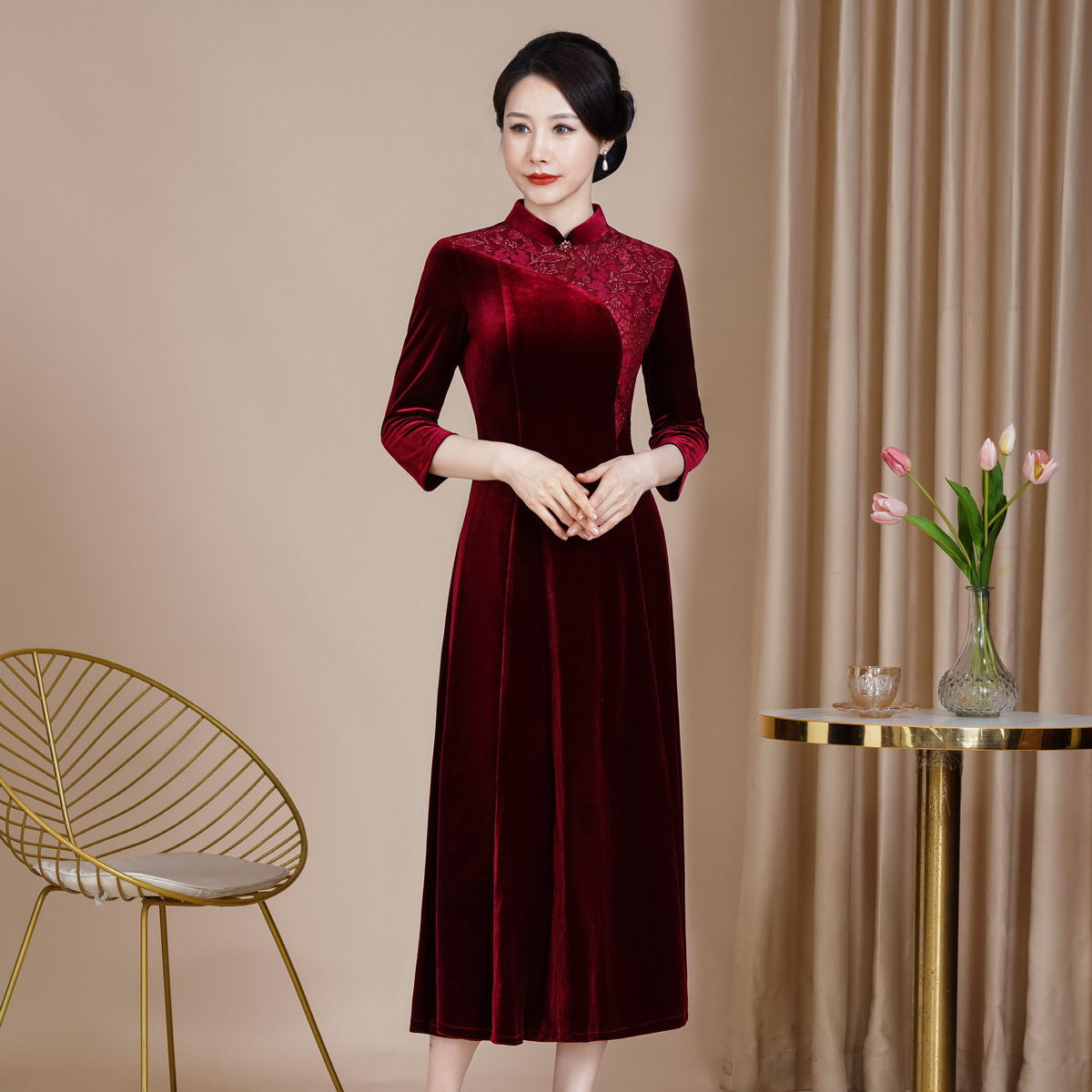 鸿韵绣2026春秋新款女改良韩国绒喜婆婆喜妈旗袍时尚大摆长款红色