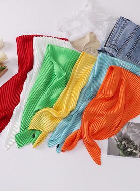 夏季纯色压皱丝巾女多巴胺橙色穿搭亮色系仿丝围巾甜美日韩小发带