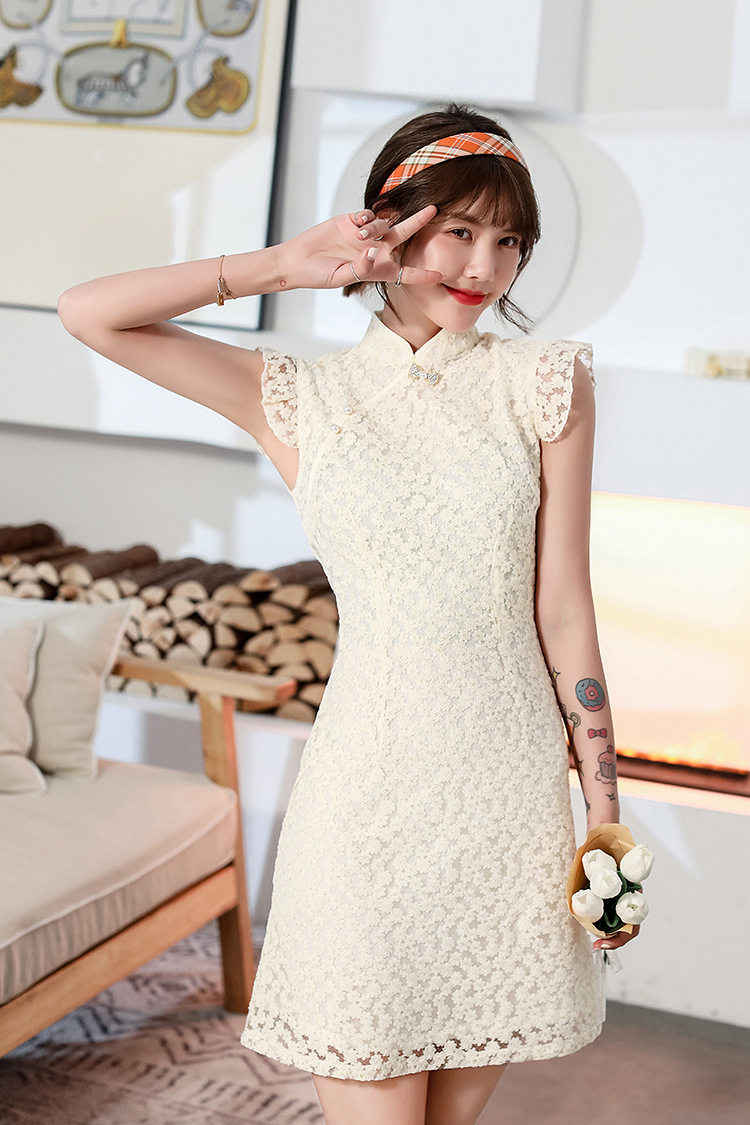 旗袍2026年夏新款蕾丝绣花双层短款改良淑女俏短短袖时尚年轻礼服