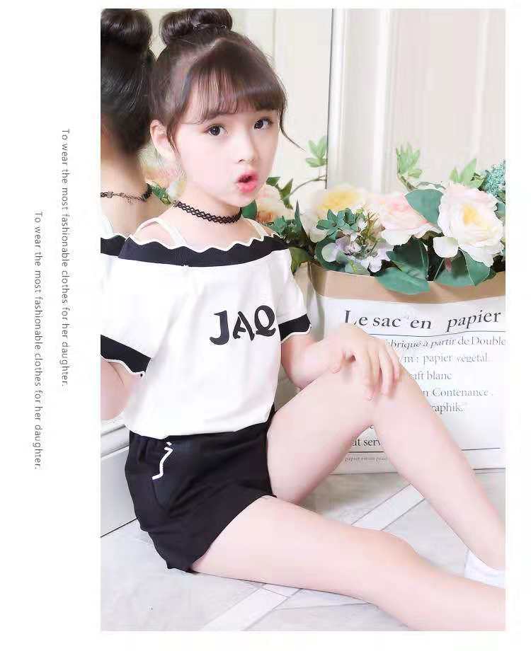 新款2026夏季套装洋气韩版儿童时髦两件套女童一字肩套装时尚外贸