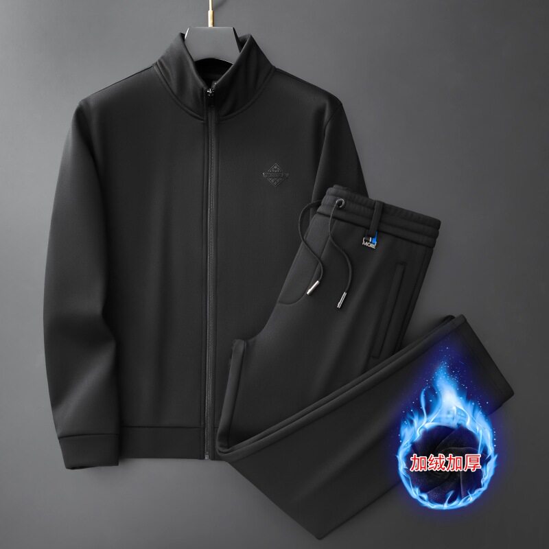 冬季男士套装中年休闲外套加绒运动服套装男开衫卫衣长裤两件跨境