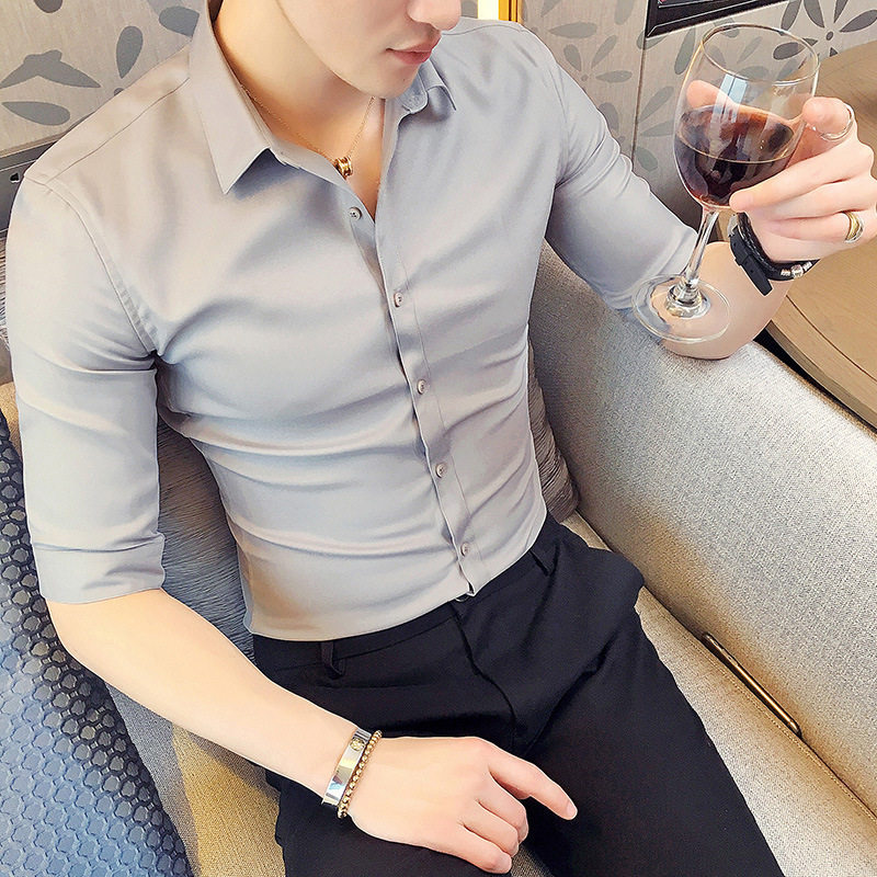2026春夏新款男士休闲七分袖衬衫时尚修身发型师工作服潮男式衬衫