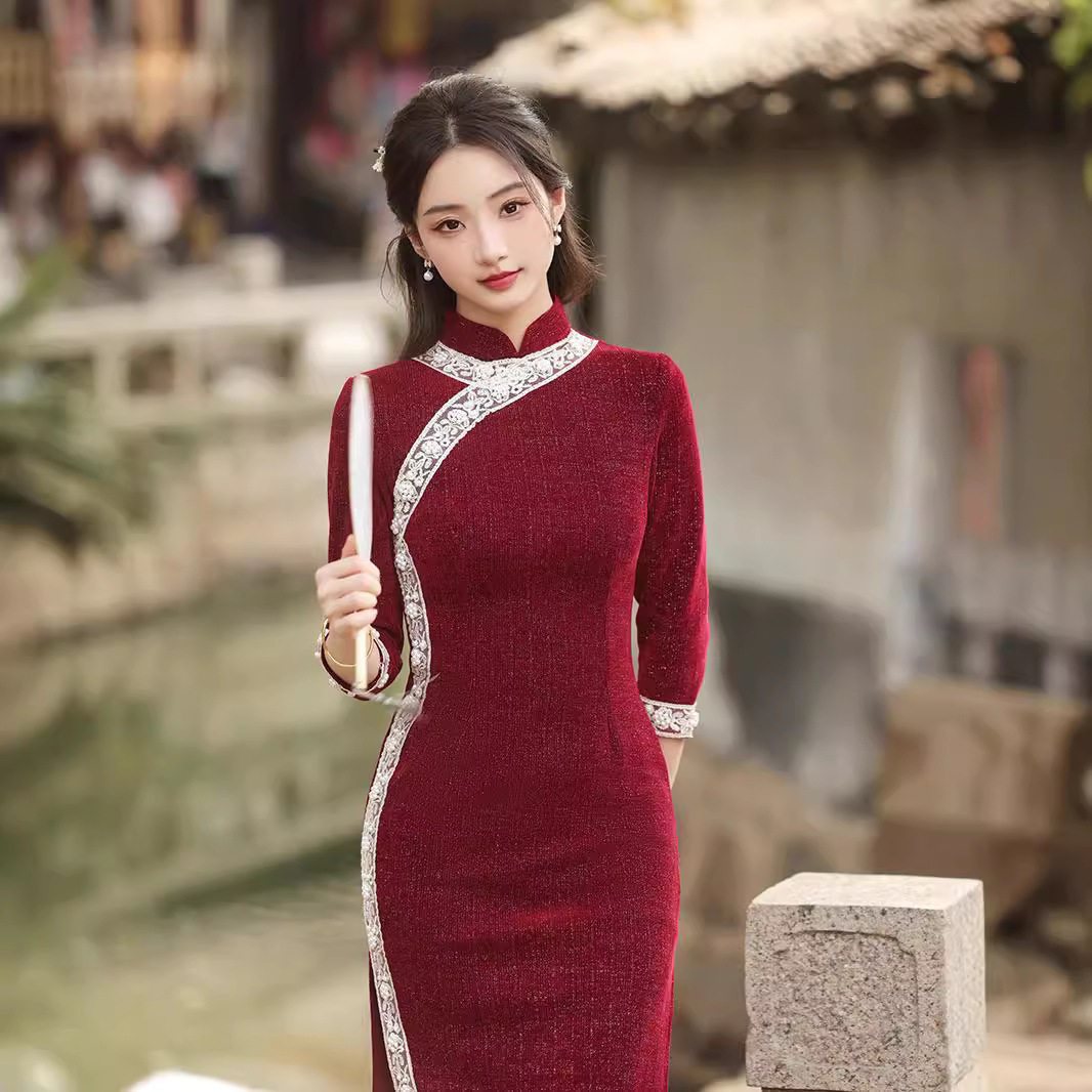 现代改良时尚雪尼尔秋冬新款2026显瘦气质国风优雅小清新中袖旗袍