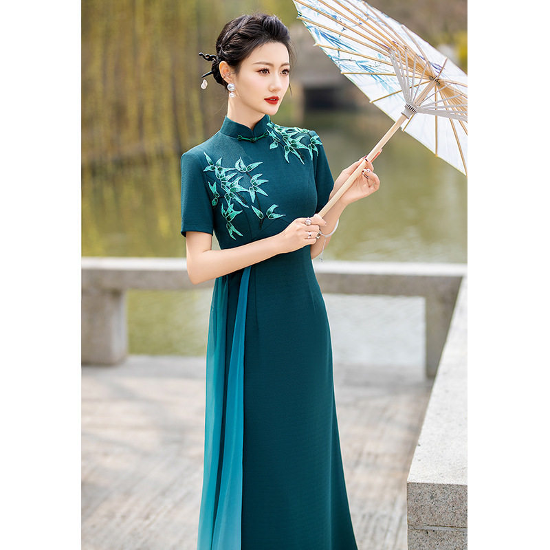 走秀旗袍舞台演出服2026新款中国风气质优雅长款改良旗袍竹影清风