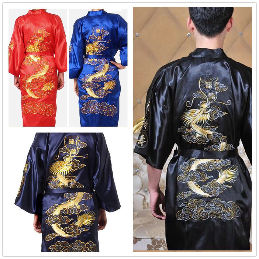 春夏秋新款时尚酒店汗蒸服男士唐装浴袍刺绣黑色睡衣高档家居外贸