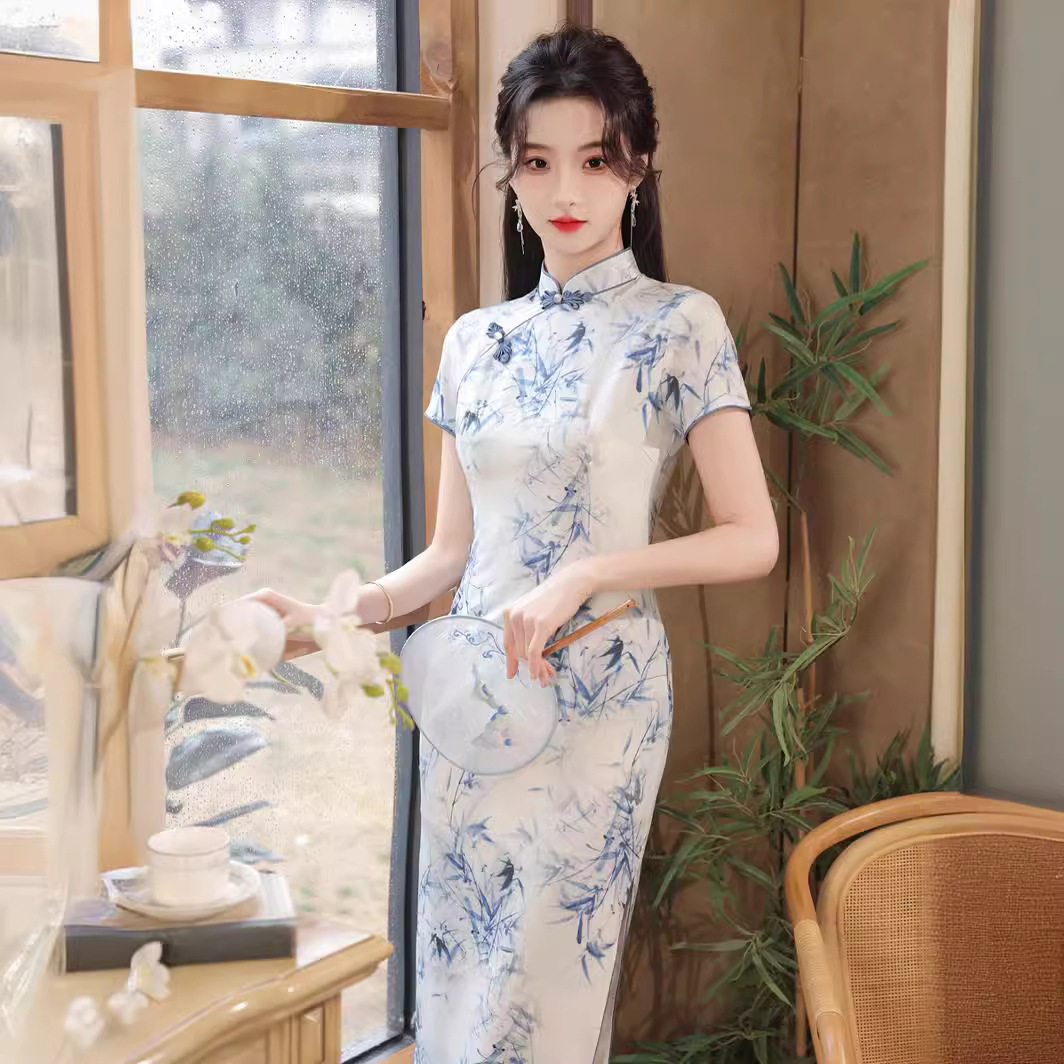 中式双层温柔气质优雅斜纹缎旗袍2026夏季新款淑女连衣裙礼服气质