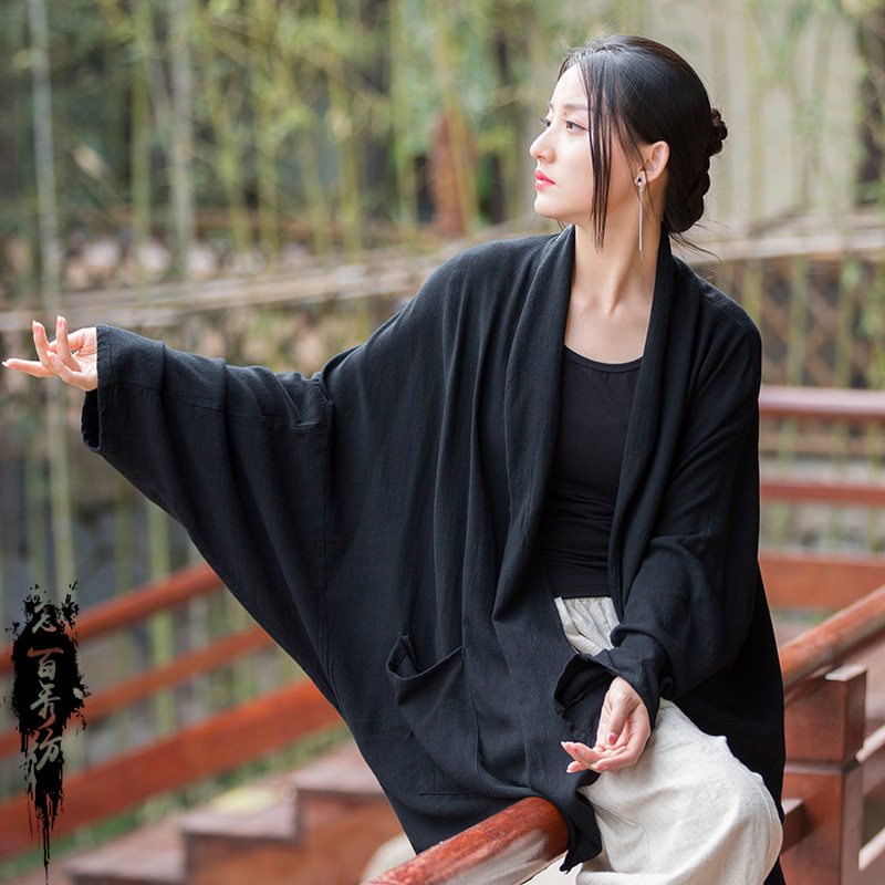 春夏季新款改良亚麻砂洗禅系披肩式外衣轻薄透气旅拍茶服女式外套
