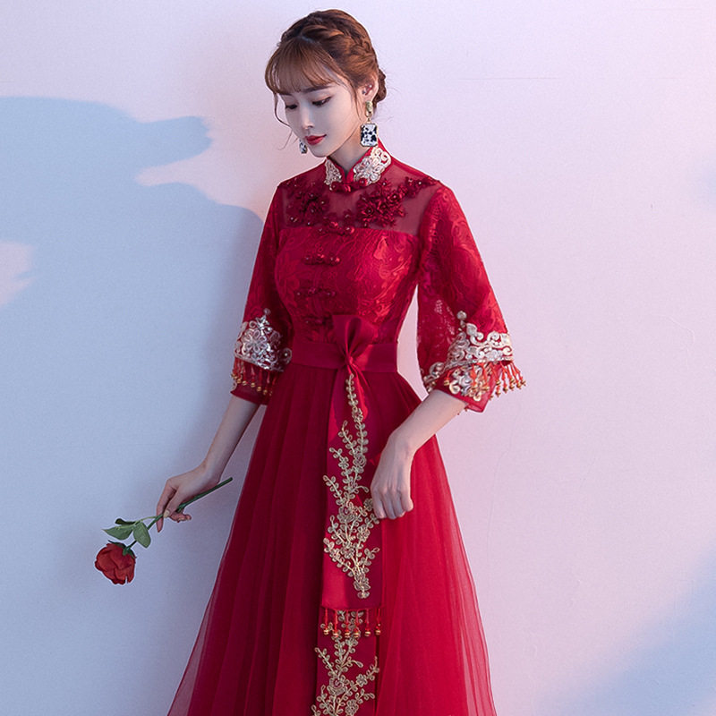 2026中式敬酒服新娘酒红色秋冬款结婚礼服女公主中国风礼服长款