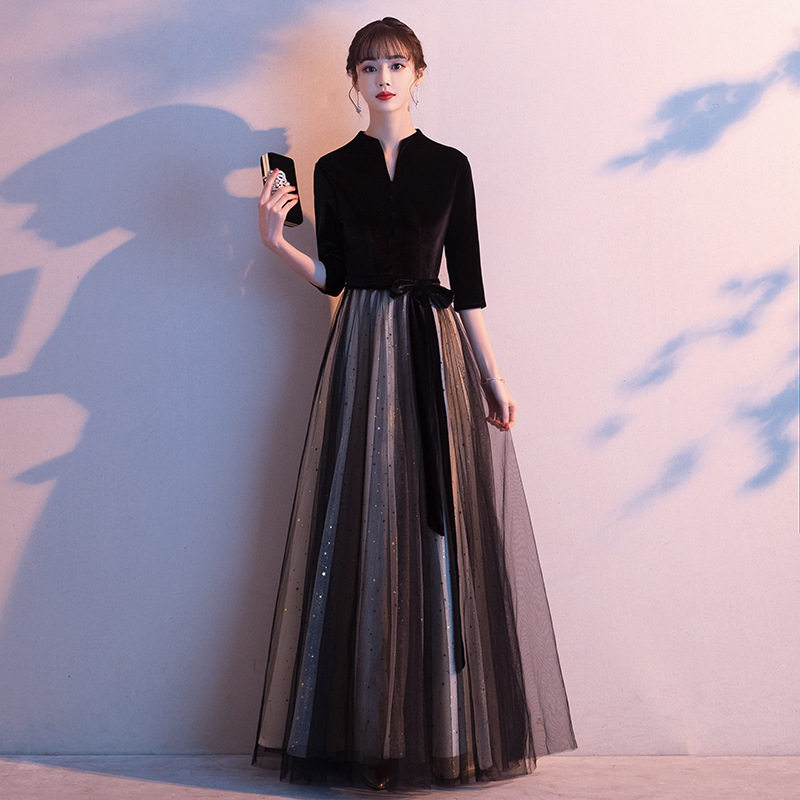 黑色晚礼服裙女2026年新款气质宴会主持人长款修身大合唱团演出服