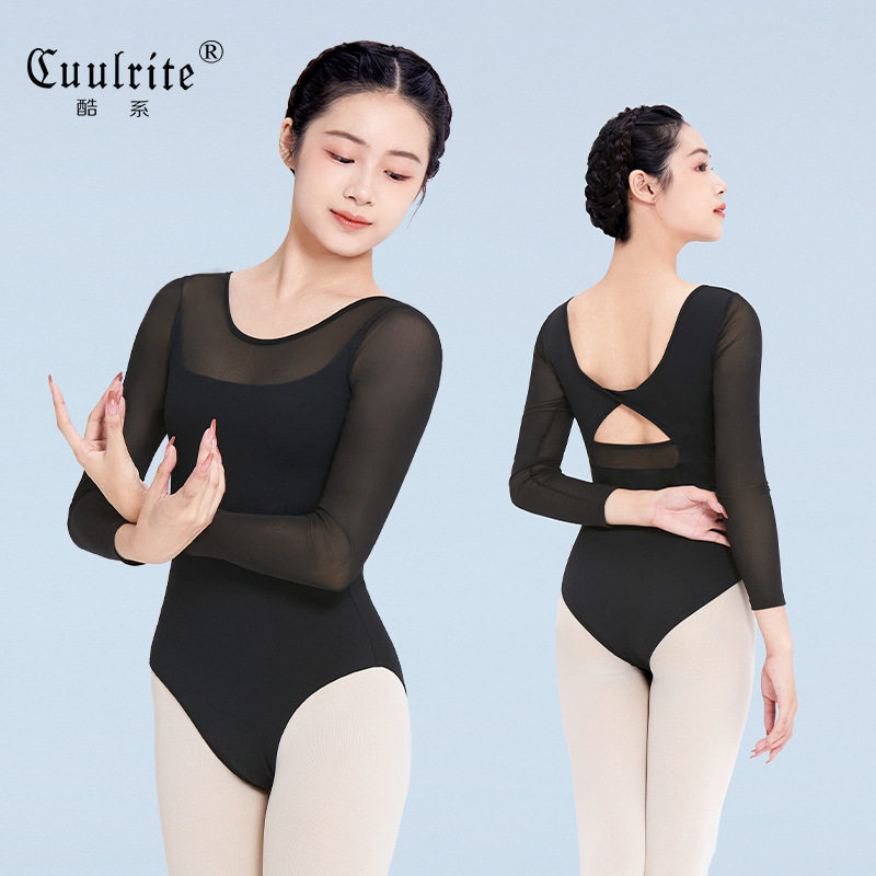舞蹈服成人款女长袖拼网芭蕾舞练功服基训服后背扭花连体服体操服