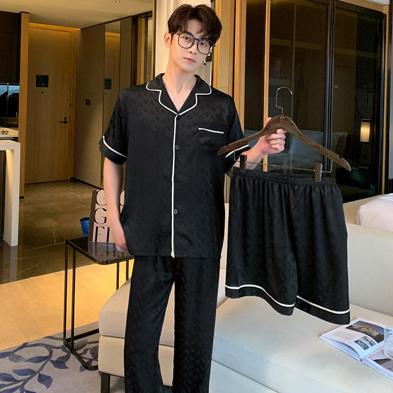 爆款睡衣男士春秋短袖短裤长裤冰丝薄款提花大码三件套家居服套装