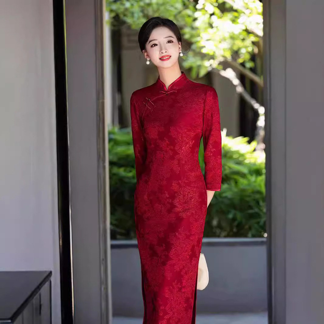 提花旗袍春秋新款中长款复古显瘦民国连衣裙婚礼妈妈回娘家敬酒服