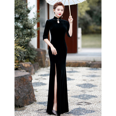 走秀旗袍2025年新款长款长袖演出服舞台优雅黑色改良鱼尾裙旗袍