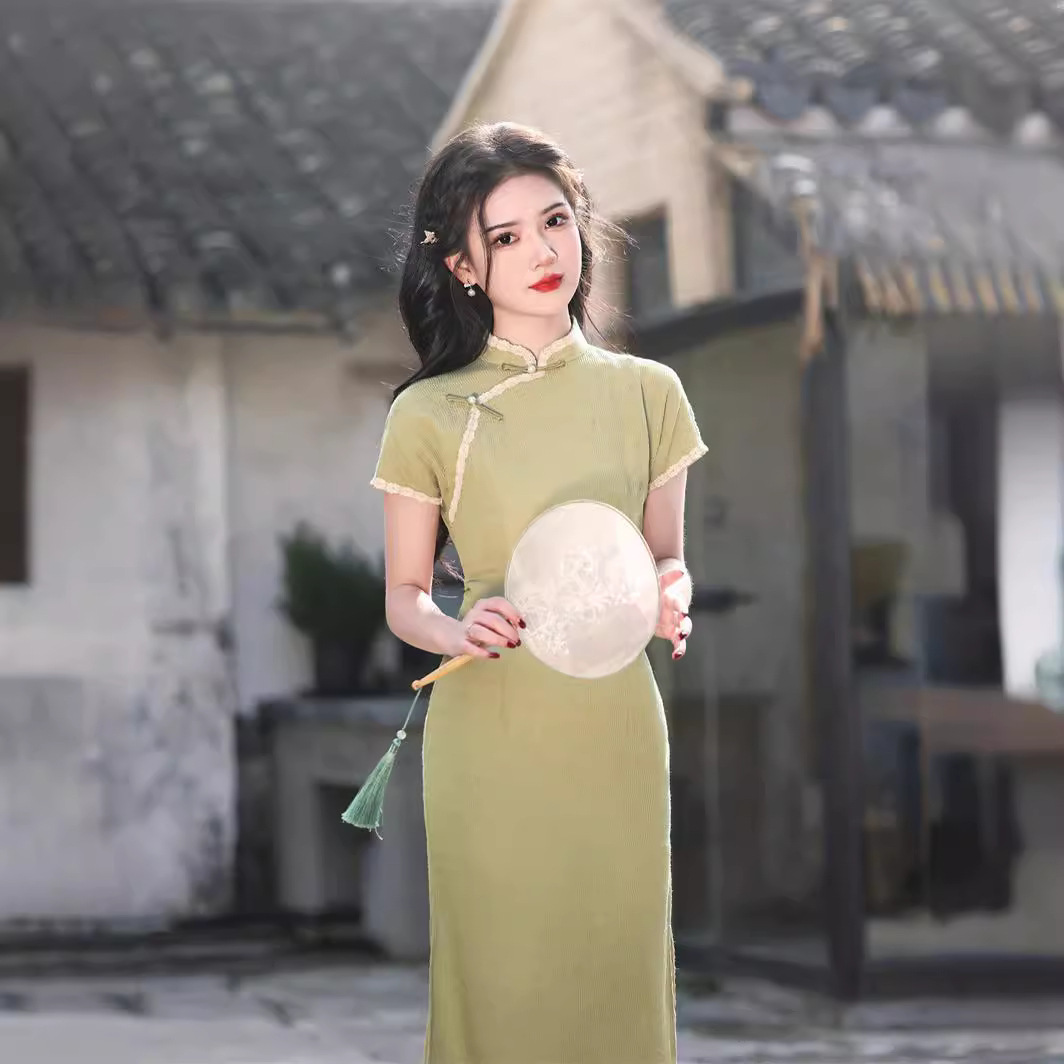 2025春夏新款弹力面料花边中长款年轻款中式文艺修身旗袍连衣裙
