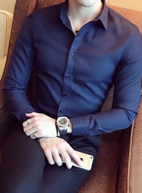 新款男士长袖衬衫 韩版修身男式商务衬衫 时尚潮流纯色衬衣工装