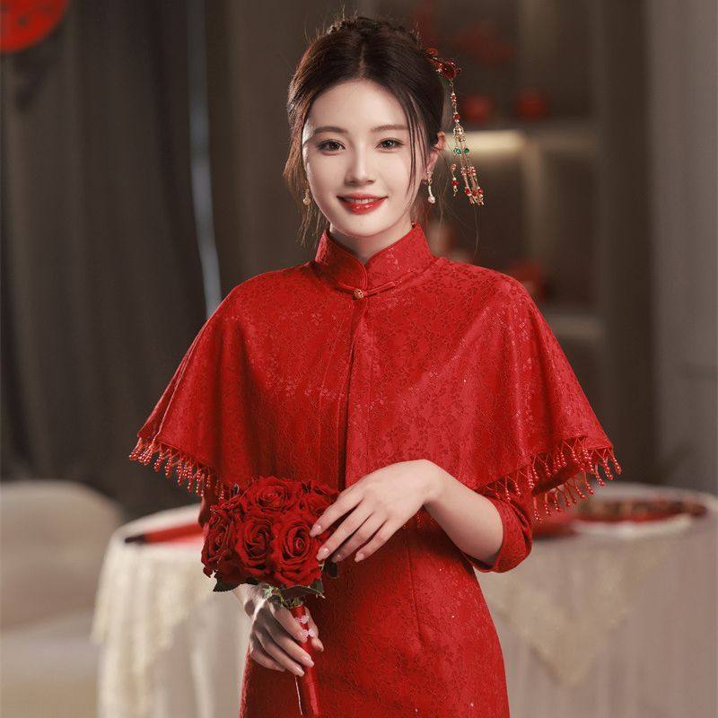 2025春秋季新款斗篷披肩两件套中长款旗袍新娘装敬酒服红色连衣裙
