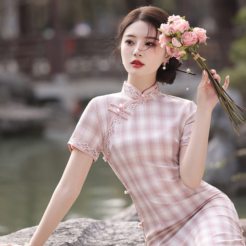 仟金公主新款蕾丝花边单层弹力棉少女感修身显瘦气质长款旗袍清新