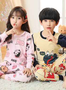 新款秋冬棉布儿童家居服两件套男童 女童保暖内衣套装 现货