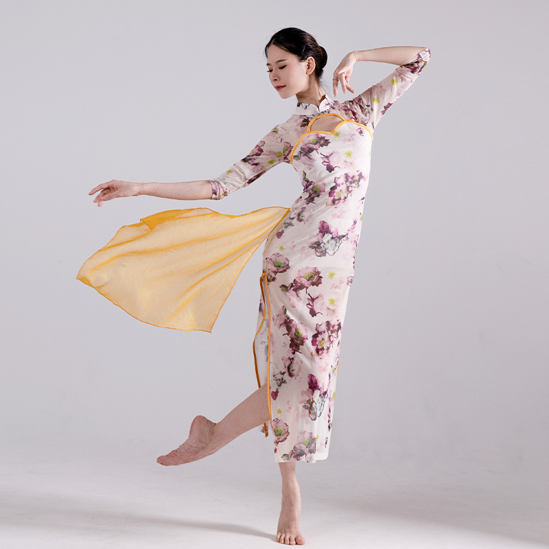 2025立领镂空短袖旗袍舞蹈古典舞 飘逸丝巾高开叉封边长裙表演服