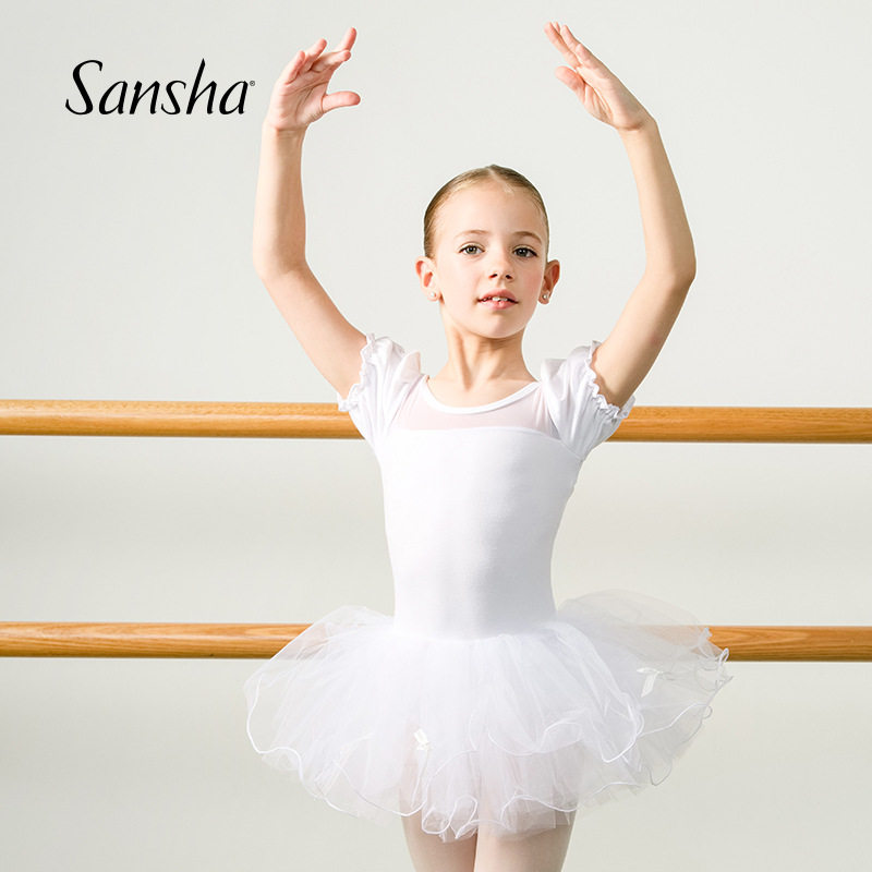 Sansha 法国三沙儿童芭蕾舞蹈服跨境裙网纱练功裙短袖开裆演出服