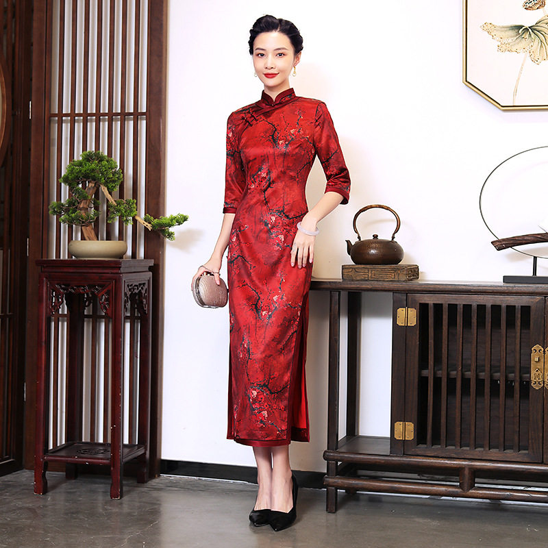 新款改良旗袍复古中国风春季长款七分袖连衣裙演出走秀时尚礼服