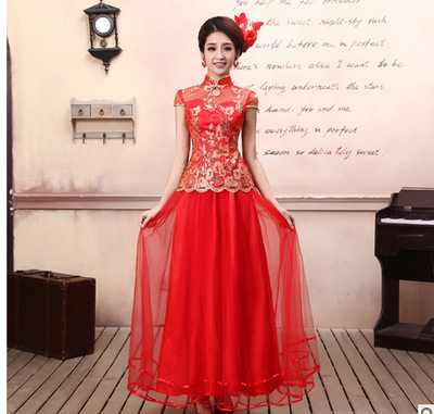 旗袍2026春新款七分袖红色蕾丝长款新娘中式婚礼敬酒服套装秀禾裙
