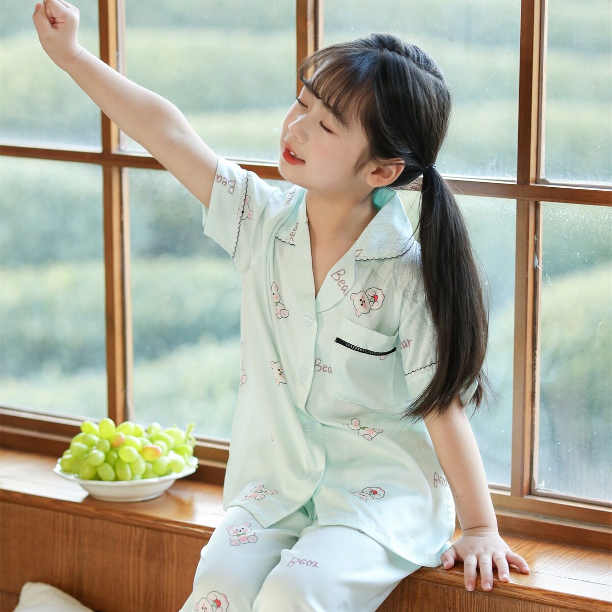 夏季丝绸睡衣翠绿色小清醒可爱女生小熊套装短袖长裤家居服外贸