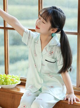 夏季丝绸睡衣翠绿色小清醒可爱女生小熊套装短袖长裤家居服外贸