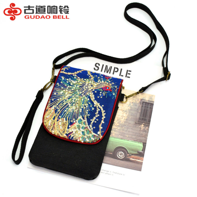 绣花亮片迷你帆布时尚风手机包