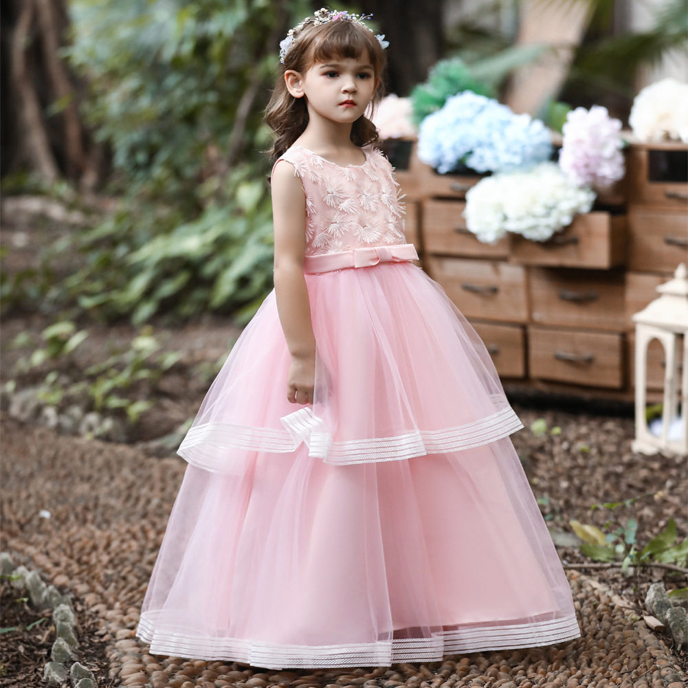 女童礼服裙六一表演小主持人长裙婚礼网纱蓬蓬裙欧美童裙跨境外贸
