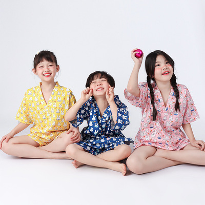23年儿童夏季新款家居服短裤短袖套装卡通小兔浴服汗蒸服男童女童