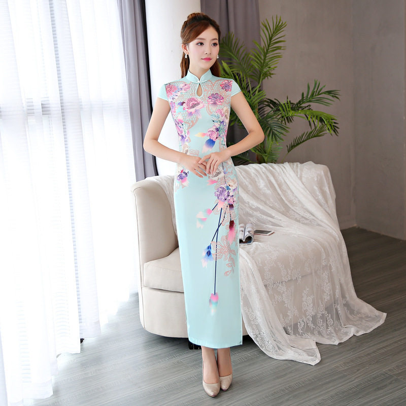 【新款】仿丝面料长款立体印花短袖日常旗袍连衣裙2026春夏礼服
