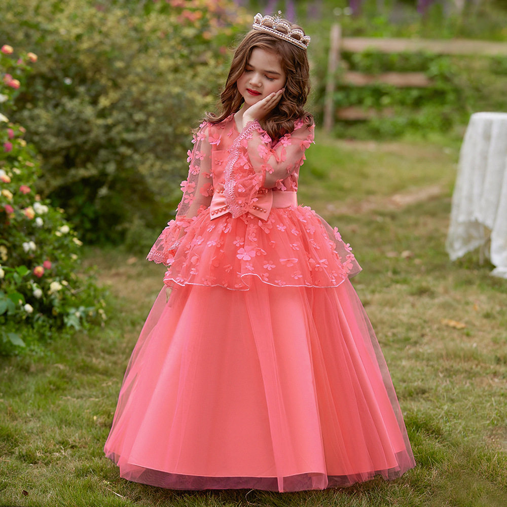 亚马逊新款女童公主蕾丝蝴蝶结公主裙儿童礼服小女孩主持人演出服