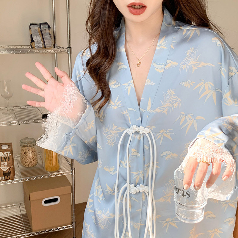 2026年新款新中式国风早冬女睡衣套装印花绑带盘扣长袖长裤两件套