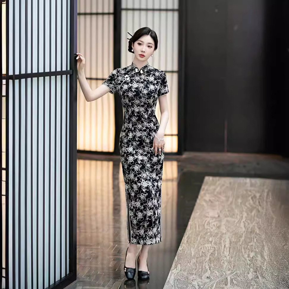 2026年夏季新品气质连衣裙旗袍开叉罗马棉面料显个高礼服连衣裙女