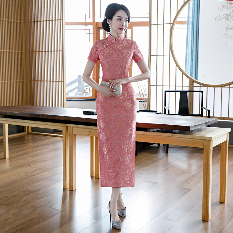 2026春秋季新款粉色蕾丝长款旗袍带袖修身显瘦礼仪日常连衣裙少女
