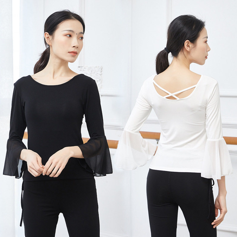 白色喇叭袖舞蹈练功服上衣女中国古典舞拉丁服装演出民族中袖套装