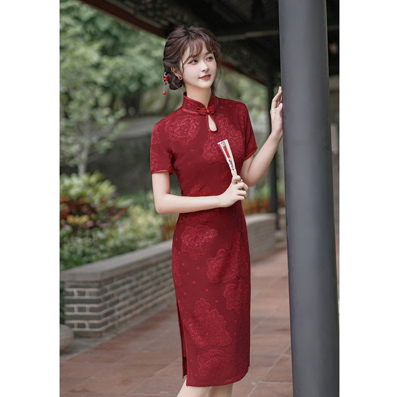 红色喜妈妈婚宴旗袍2025夏新款时尚改良中长双层大码苏州女装礼服