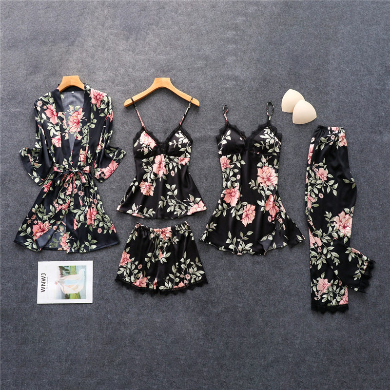 春夏秋新款仿丝睡衣性感蕾丝边家居服服印花睡衣五件套外贸跨境