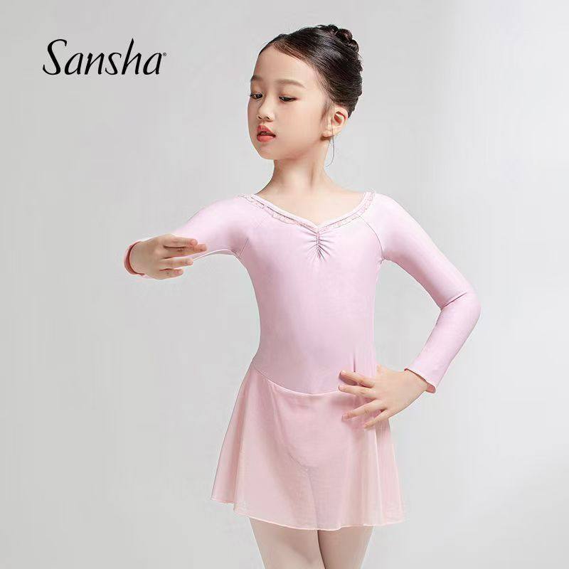 三沙儿童长袖裙连体服雪纺V领蕾丝芭蕾舞服练功演出考级服中国舞