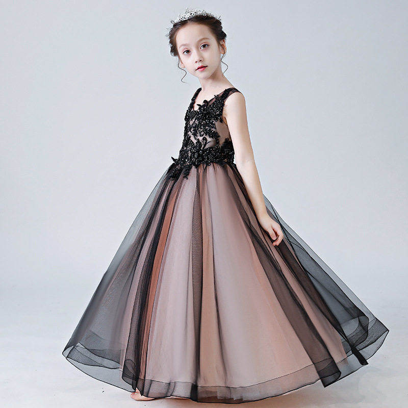 儿童礼服蓬蓬纱黑色长袖女童钢琴演出生日小女孩走秀主持人公主裙