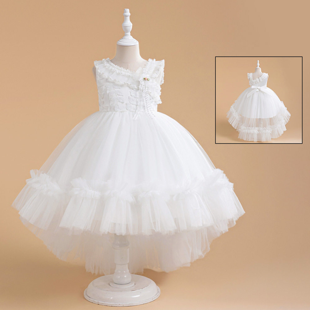 跨境款儿童礼服白色拖尾蓬蓬公主裙百褶网纱派对连衣裙baby dress