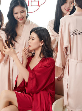 春夏新娘晨袍女时尚婚礼睡衣伴娘团睡袍结婚丝绸开衫化妆女士礼服
