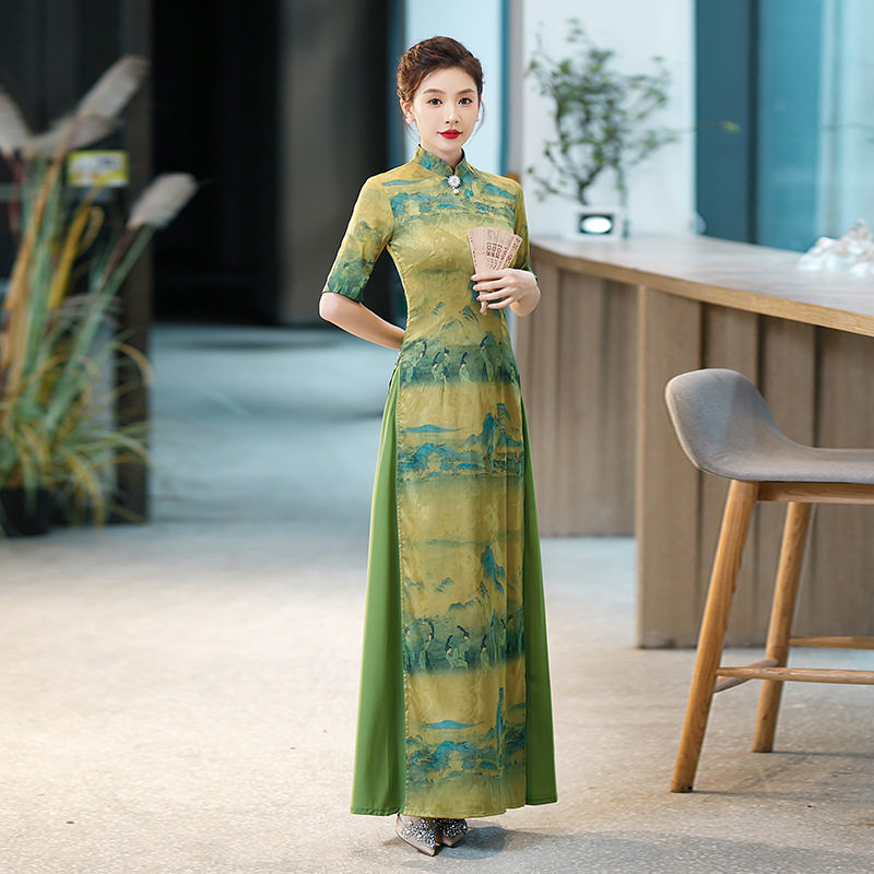 奥黛旗袍新款2026高端走秀改良版新中式礼服连衣裙年轻款气质大码