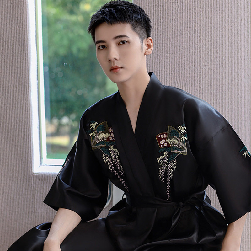 2024 AUTUMN NEW MENS PAJAMAS BATHROBES FIELD BLACK CHINESE STYLE SILK LOOSE COMFORTABLE HOTEL PLUS SIZE FOREIGN TRADE