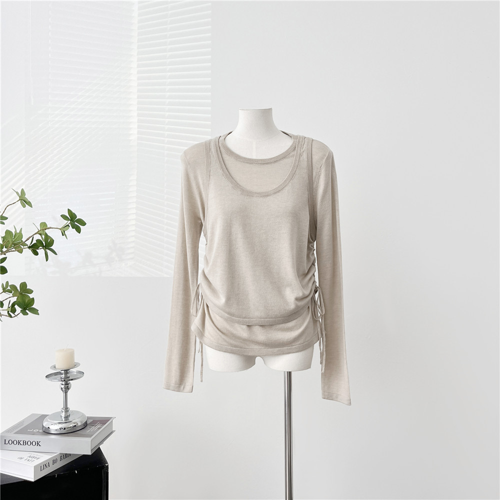 春装假两件上衣设计师款侧面收腰显瘦10羊毛绒细腻亲肤柔软针织衫