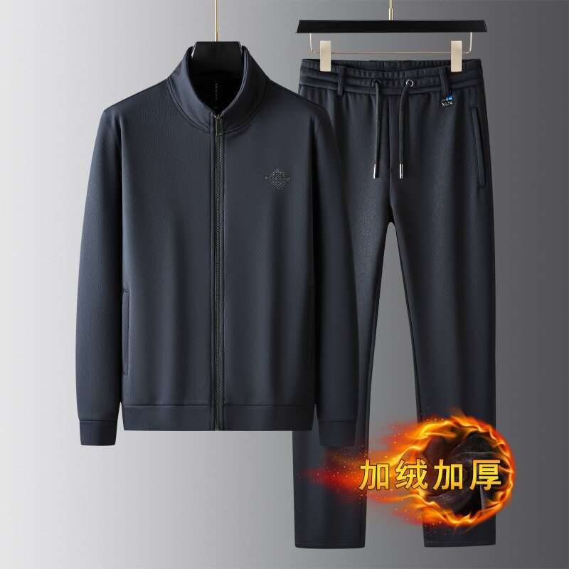 男士运动套装加绒加厚开衫卫衣立领两件套2026冬季大码休闲服跨境