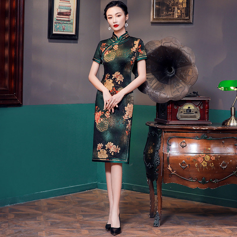 春妈妈女装丝桑蚕丝旗袍改良版连衣裙高端香云纱民族风日常晚礼服