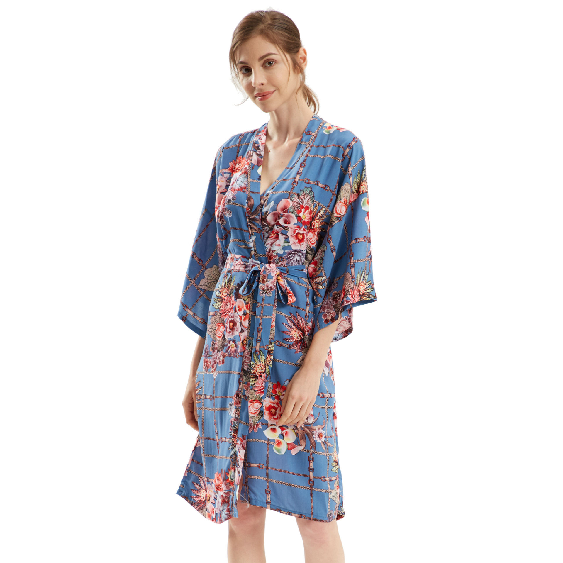 跨境2026春夏秋新品棉绸女士中长款开衫睡袍家居服中袖花卉单袍