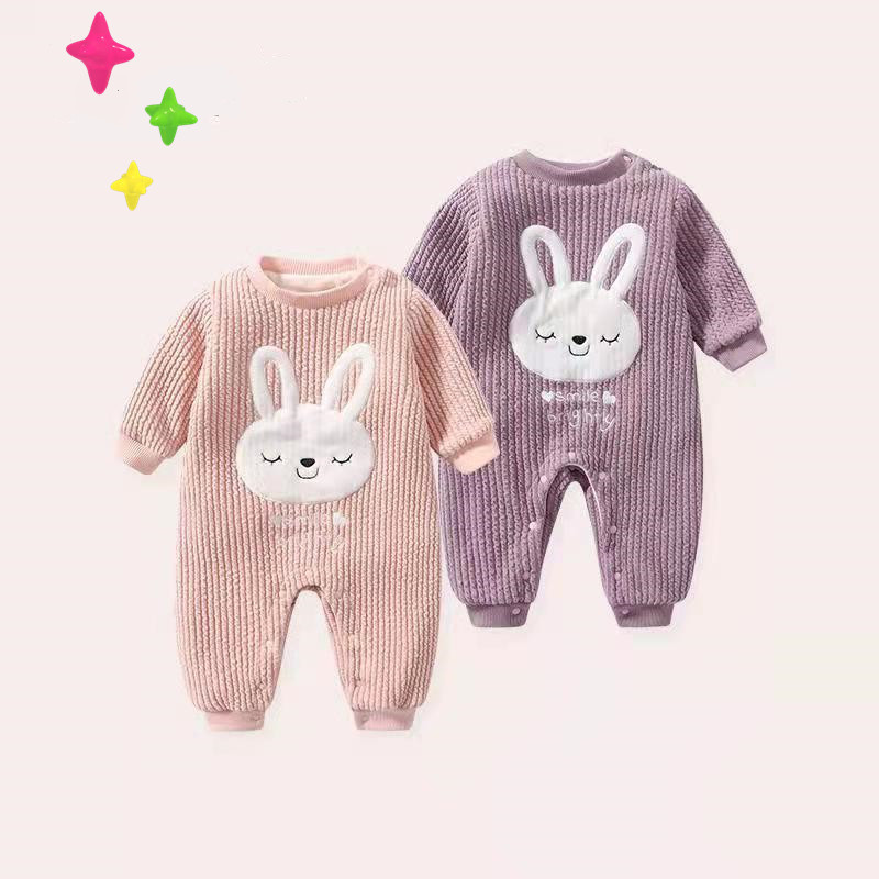 婴儿针织连体哈衣春秋新生儿服装男女宝宝加绒衫可爱保暖爬爬服